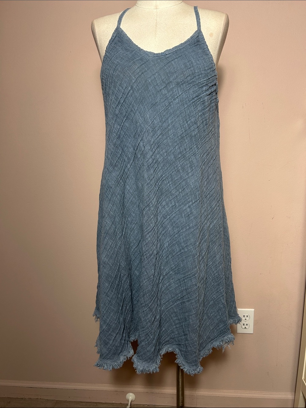 Blue Sleeveless Summer Dress linen cotton blend distressed look raw hem Italian